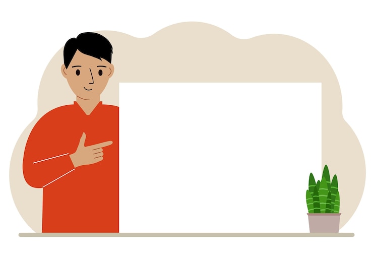 Vector seorang pria menunjuk jarinya ke spanduk besar yang bersih, poster kosong, atau selembar kertas putih besar dengan ruang untuk teks