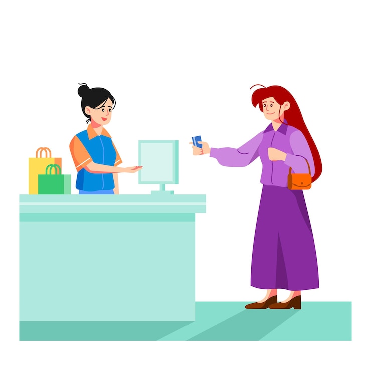 Vector seorang wanita berdiri di depan layar komputer dan wanita itu memegang kartu kredit.