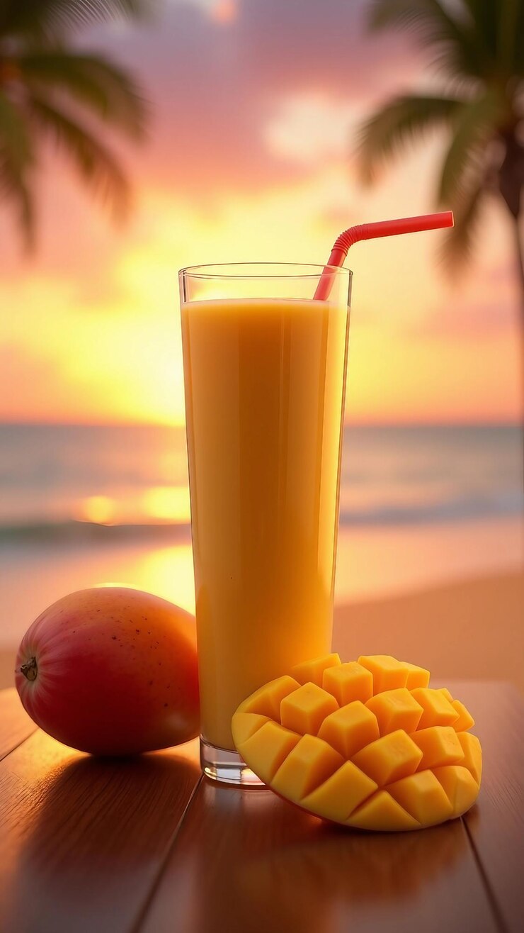 Vector serene beach scene with mango smoothie at sunset