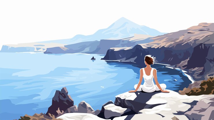 Vector serene traveler woman yoga mountain top meditation