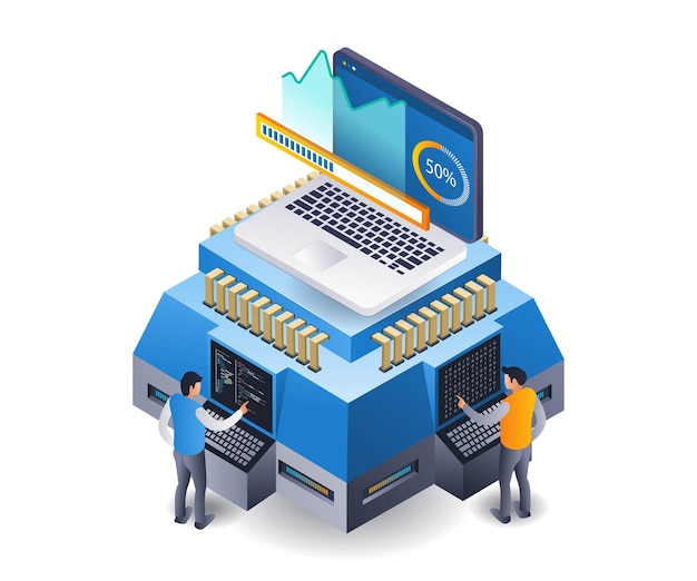 server data analysis center hosting infographics flat isometric 3d illustration