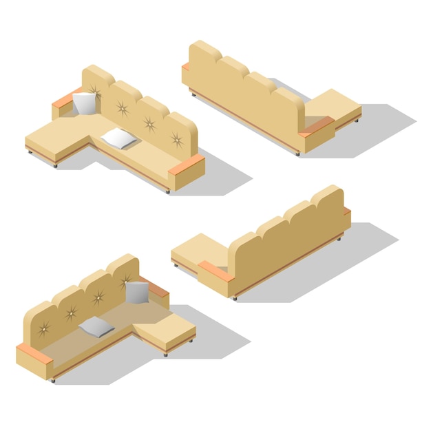 Set Abstract Collection Isometric 3D Furniture Sofa Equipment Appliances Element With Pillows Vector