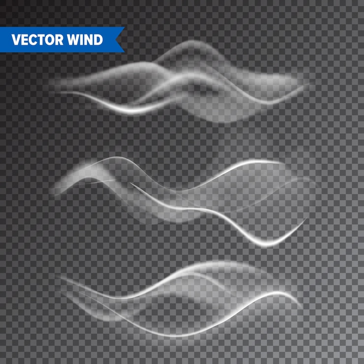 Vector set angin realistis pada latar belakang transparan. vektor uap di udara, aliran uap asap, efek kabut