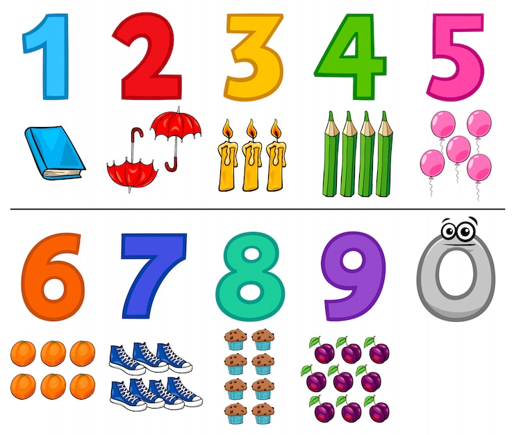 Vector set angka kartun edukasi dengan objek