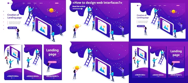 Set article Landing page app design Isometric development and creation of a website little men