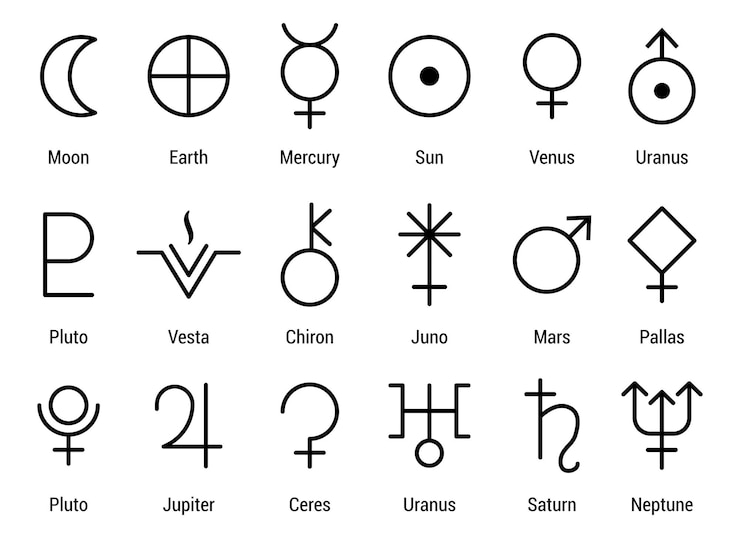 Set astrology and astronomy planet symbols Outline icons set of symbols Mystic planetary signs