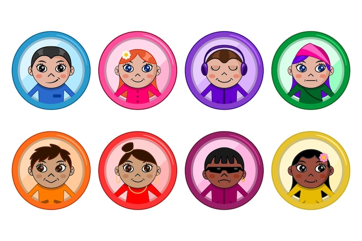 Vector set avatars young people portraits social media circle frame flat cartoon