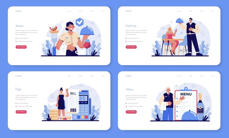 Vector set banner web atau halaman arahan pelayan. staf restoran dengan seragam,