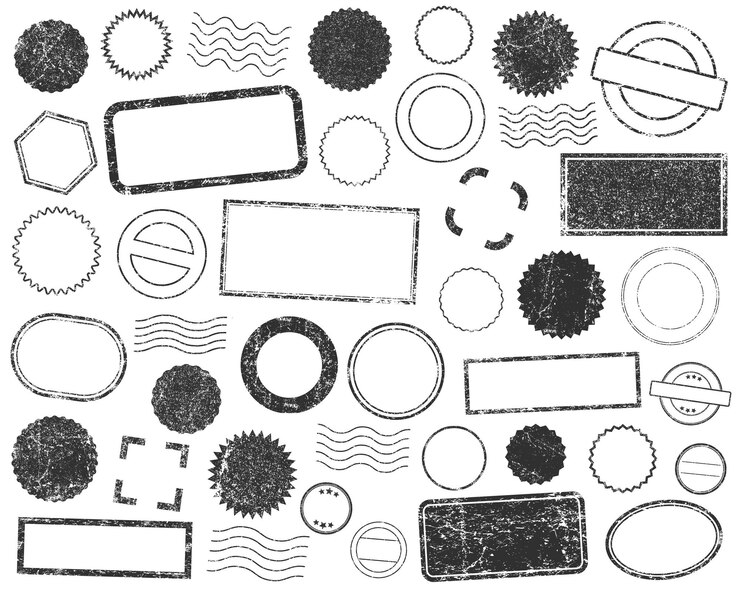 Vector set bentuk ikon vektor bingkai perangko, koleksi tanda label karet tinta grunge perangko terisolasi pada whi