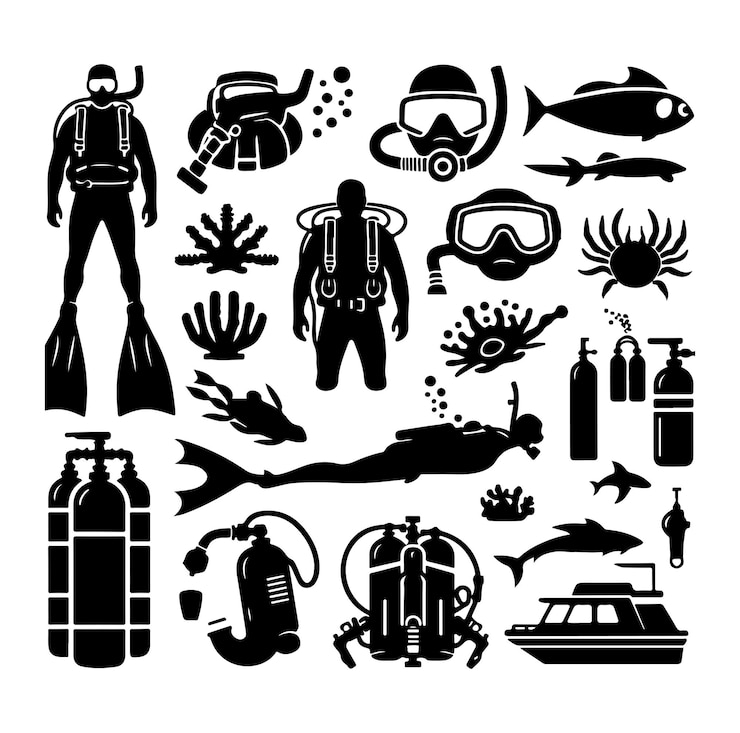 Vector set black silhouette scuba divers vector illustration vector