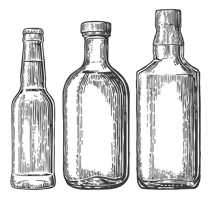 Vector set bottle for beer whiskey tequila vector engraved illustration isolated on white vintage background