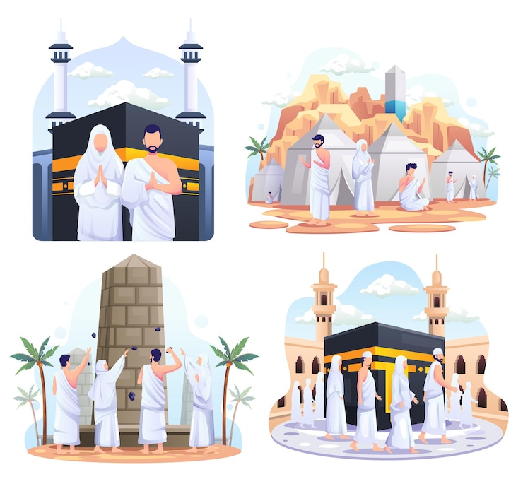 Vector set bundle of muslim couple is doing islamic hajj pilgrimage illustration