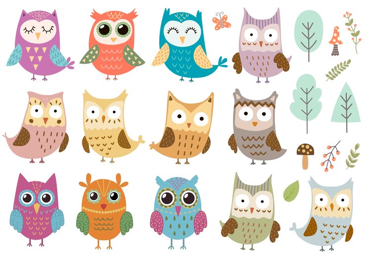 Vector set burung hantu, pohon, jamur, dan tanaman terisolasi yang lucu