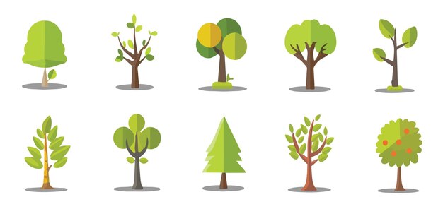 Set collection of various cartoonstyle trees on a white background