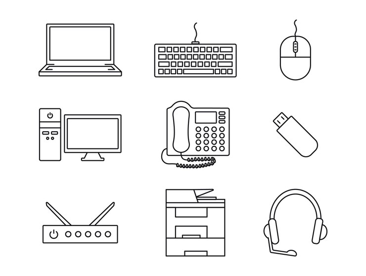 Vector set contour icons technology laptop computer office equipment mfp telephone usb flash keyboard mouse