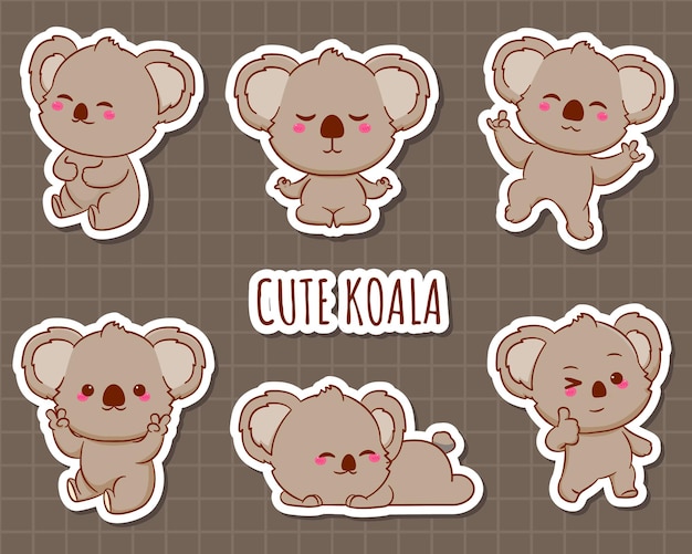Set cute koala sticker cartoon character. Kawai animal stickers flat design illustration