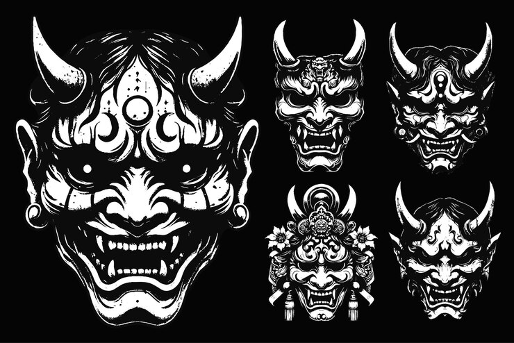 Set Dark Art Hannya Mask Japanese Oni Devil Oriental Horror Art Grunge Vintage Old School illustration