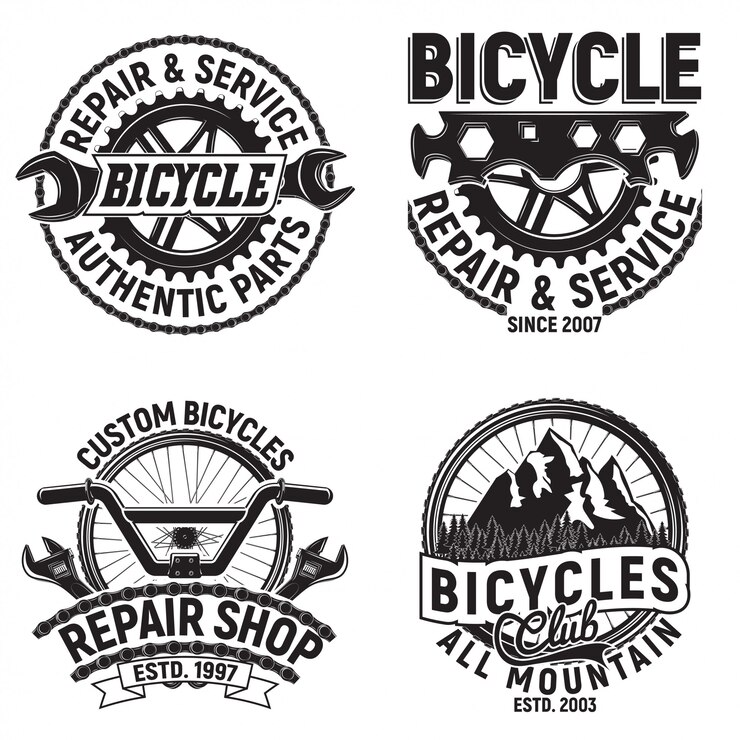 Set desain logo klub sepeda vintage, stempel cetak grange pengendara sepeda menuruni bukit, lambang tipografi kreatif bengkel sepeda,