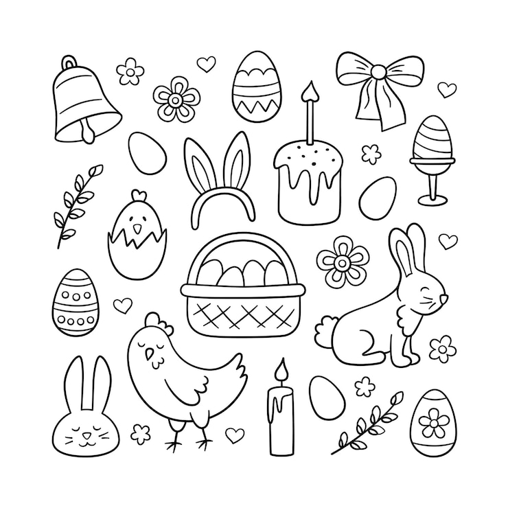 Set doodle Paskah yang lucu - kelinci, keranjang, telur Paskah, kue, ayam, ranting pohon willow, dan lilin.
