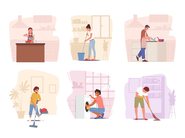 Vector set family cleaning home parents and kids characters washing dishes and clothes sweeping and mopping the floor