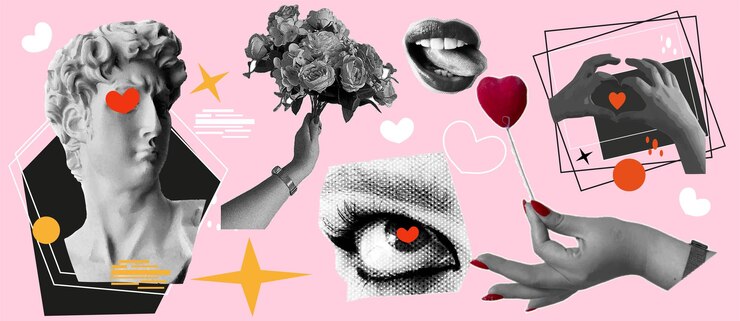 Vector set hari valentine kolase halftone dengan bentuk doodle unik ilustrasi vektor trendi