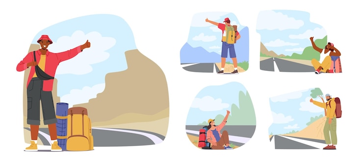 Vector set hitchhiker characters stand on the side of road with backpack waiting for a ride adventure freedom concept