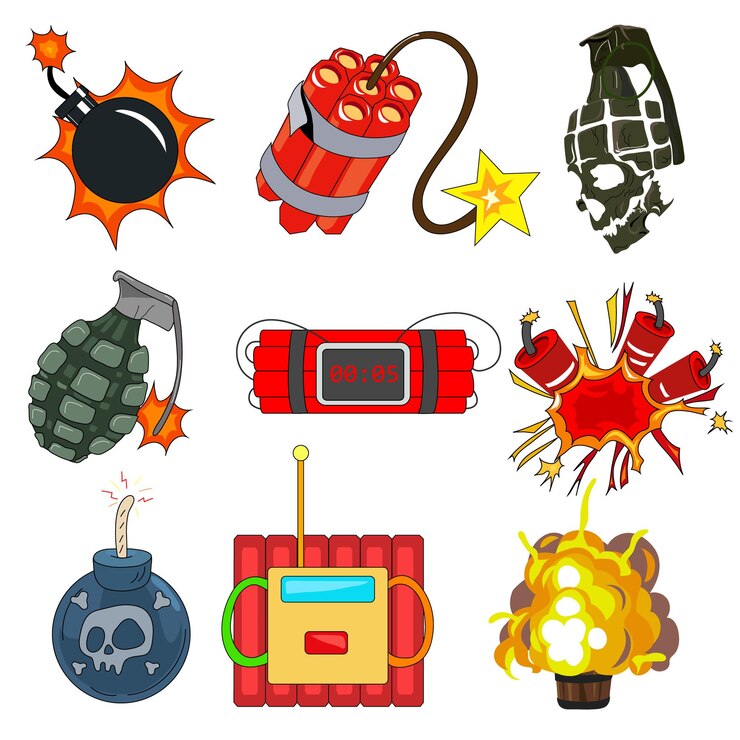 Vector set icons detonating fuse and dynamite explosive military weapon or firecrackers with wick equipment