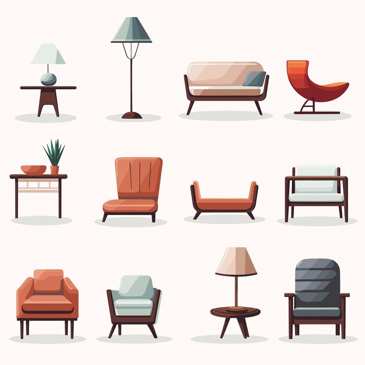 Vector set ikon furnitur rumah tangga. ilustrasi vektor kursi berlengan sofa, kursi, dll.
