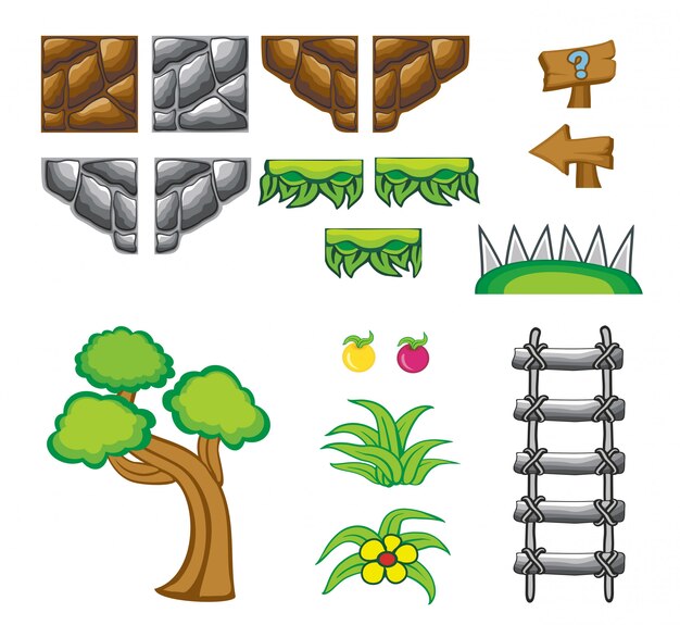 Set ikon game, objek, dan latar belakang terisolasi di atas putih