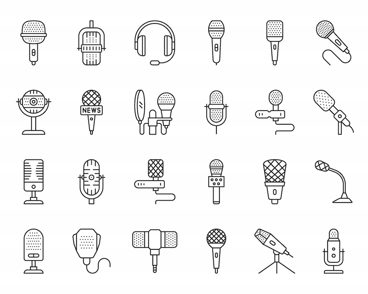 Vector set ikon garis hitam mikrofon, jurnalis, musik, suara, penyanyi, tanda mikrofon sederhana penyiaran.