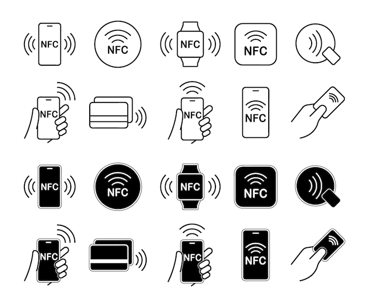 Vector set ikon nfc logo tanda pembayaran nirkabel tanpa kontak ikon pembayaran nfc untuk aplikasi tanda pembayaran nfc tanpa kontak pembayaran nfc dengan ikon smartphone ilustrasi vektor