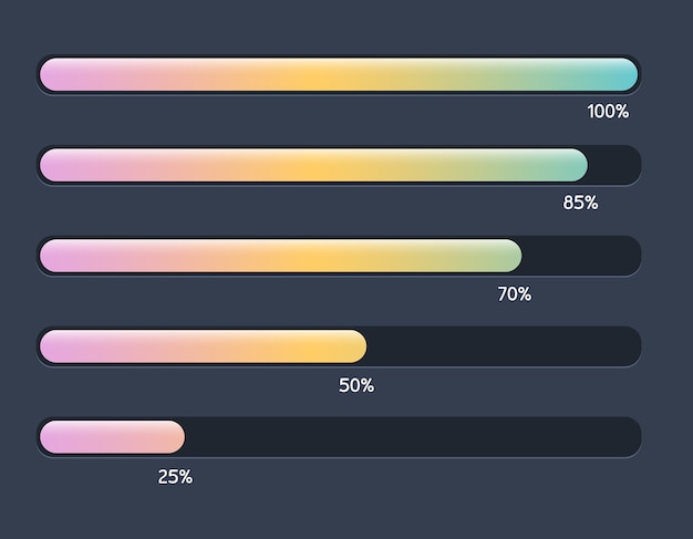 set illustration with modern colorful horizontal progress bar loading and buffering percentage diagram