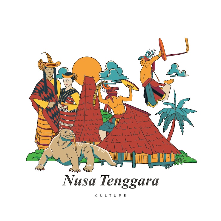 Vector set ilustrasi budaya nusa tenggara dan landmark. latar belakang budaya indonesia digambar tangan