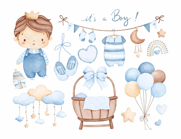 Set Ilustrasi Cat Air Elemen Anak Laki-Laki dan Pembibitan
