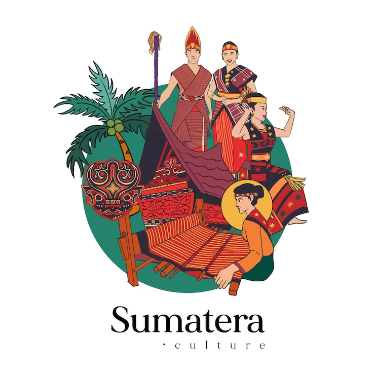 Vector set ilustrasi sumatera batak. latar belakang budaya indonesia yang digambar tangan