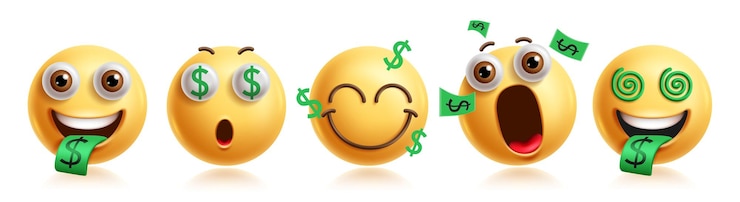 Vector set karakter clipart emoji mulut uang karakter 3d emoji dalam kebahagiaan kaya dan mewah yang serakah