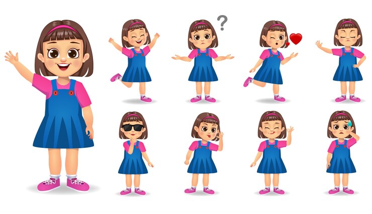 Set karakter gadis lucu dengan berbagai gestur