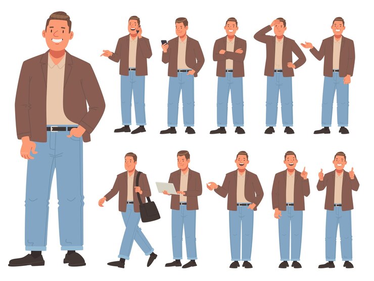 Vector set karakter pria bahagia pakaian kasual berbagai pose latar belakang putih pria berpikir_dihasilkan_ai