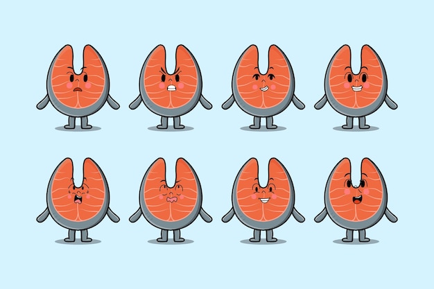 set kawaii fresh salmon cartoon character with different expressions of cartoon face vector