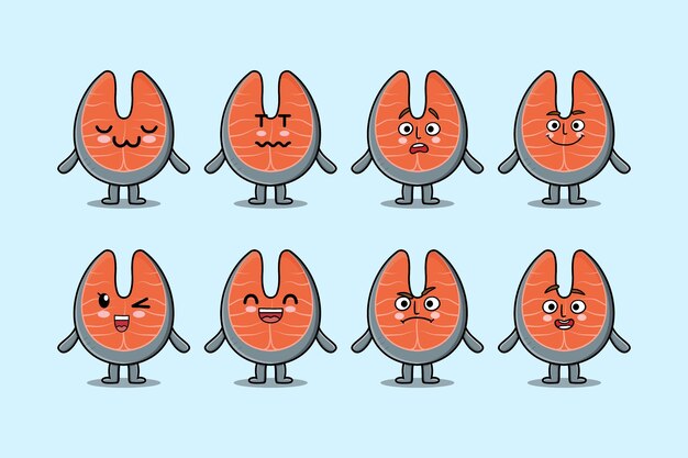 set kawaii fresh salmon cartoon character with different expressions of cartoon face vector