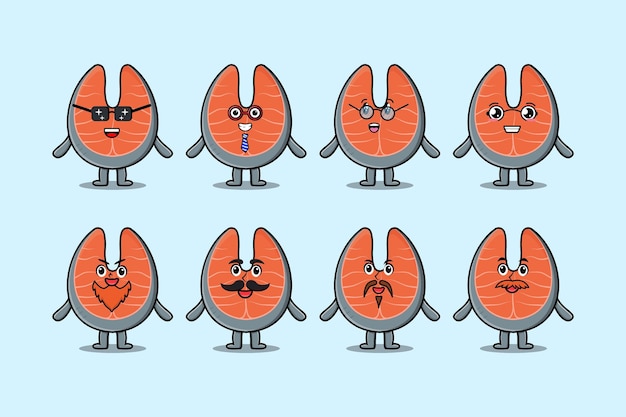 set kawaii fresh salmon cartoon character with different expressions of cartoon face vector