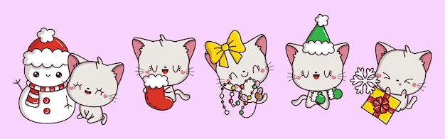 Set koleksi kucing putih Natal kawaii dari ilustrasi hewan vektor xmas lucu untuk stiker