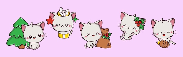 Set koleksi kucing putih Natal kawaii dari ilustrasi hewan vektor xmas lucu untuk stiker