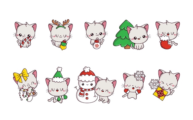 Set koleksi kucing putih Natal kawaii dari ilustrasi hewan vektor xmas lucu untuk stiker