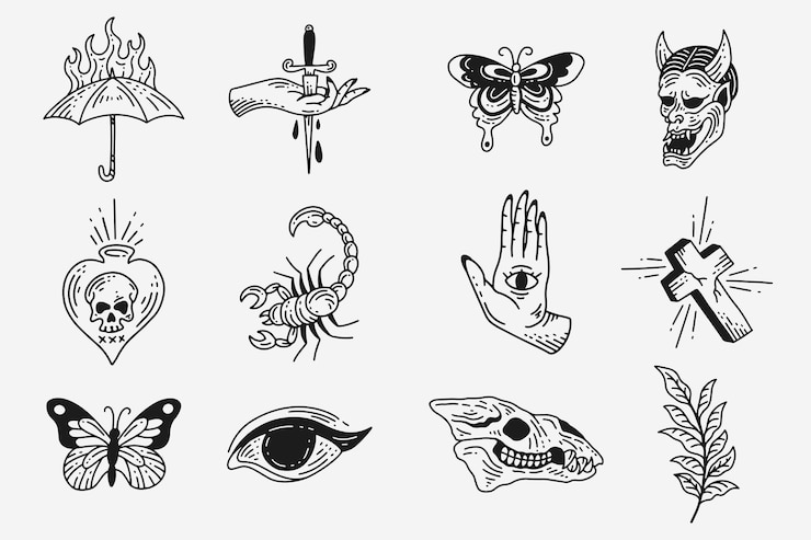Set Koleksi Mistik Celestial Gelap Suci Sederhana Minimalis Tato Klipart Simbol ruang doodle Elemen esoterik ilustrasi vintage