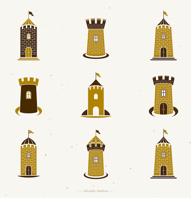 Vector set lambang benteng kuno. koleksi ilustrasi vektor terisolasi logo dekoratif lambang kebesaran heraldik.