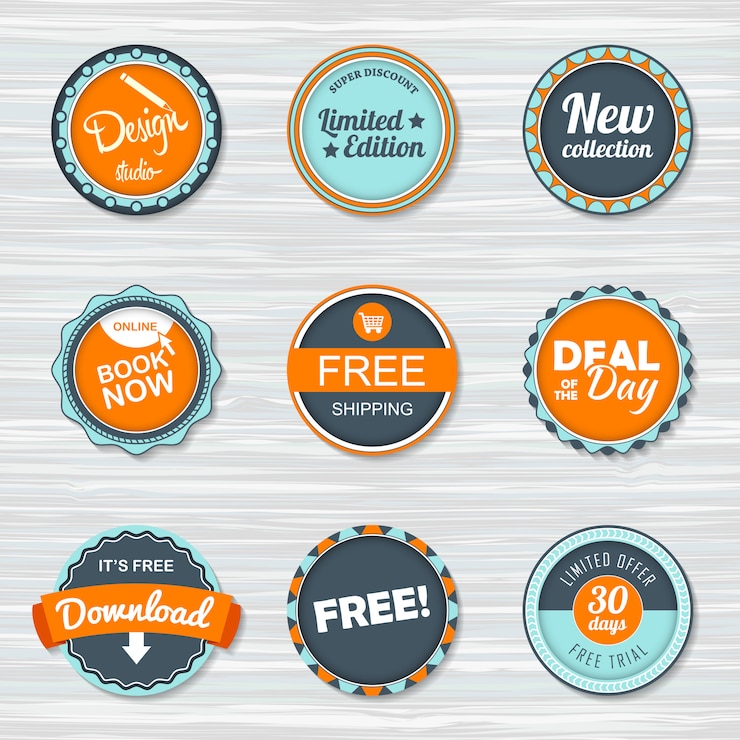 Vector set lencana vintage: pengiriman gratis, gratis, unduh, koleksi baru, penawaran hari ini, pesan sekarang.