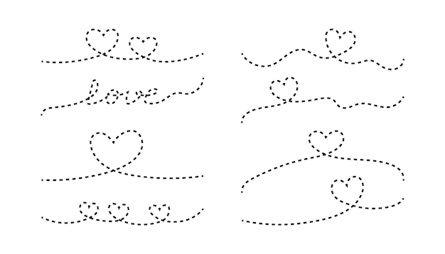 Set love dotted heart line Romantic dashed lines Valentines Day cute hand drawn doodle hearts