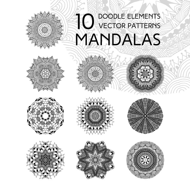 Vector set mandala hitam dan putih