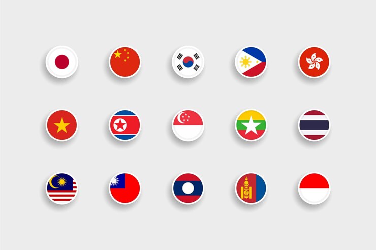 Set of 15 Asian countries flags. Circle flags with white frame.